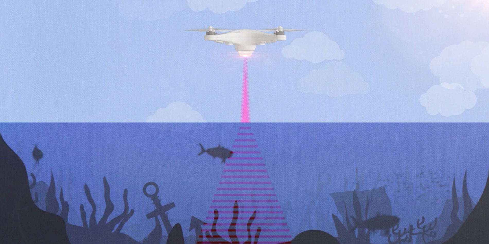 
An artist’s rendition of the photoacoustic airborne sonar system operating from a drone to sense and image underwater objects. | Image by Kindea Labs