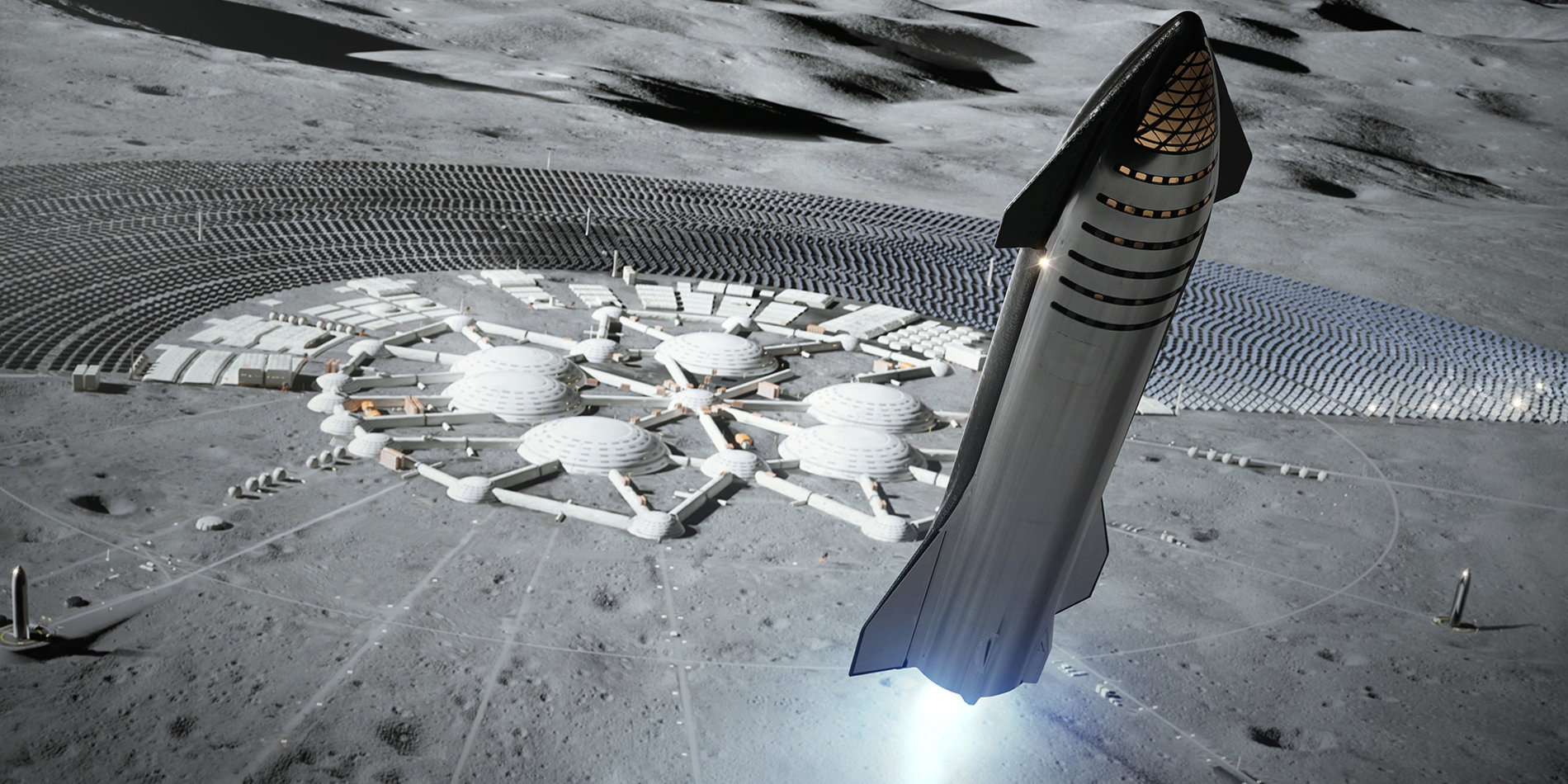 
Artist rendering of a spaceship leaving a lunar colony. | Image credit: SpaceX