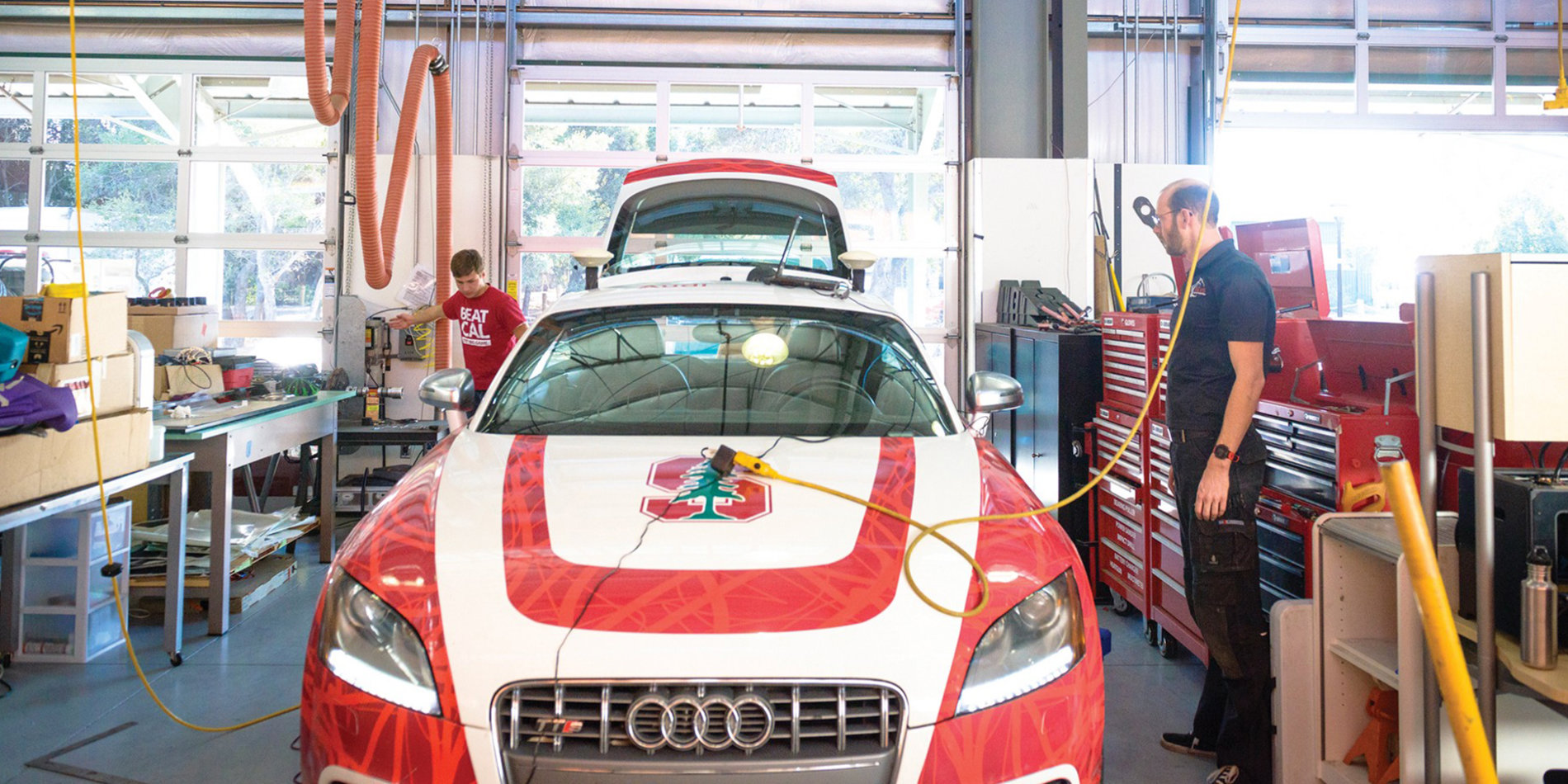  

Shelley, an autonomous Audi, at Stanford’s VAIL facility. | Photo by Toni Bird