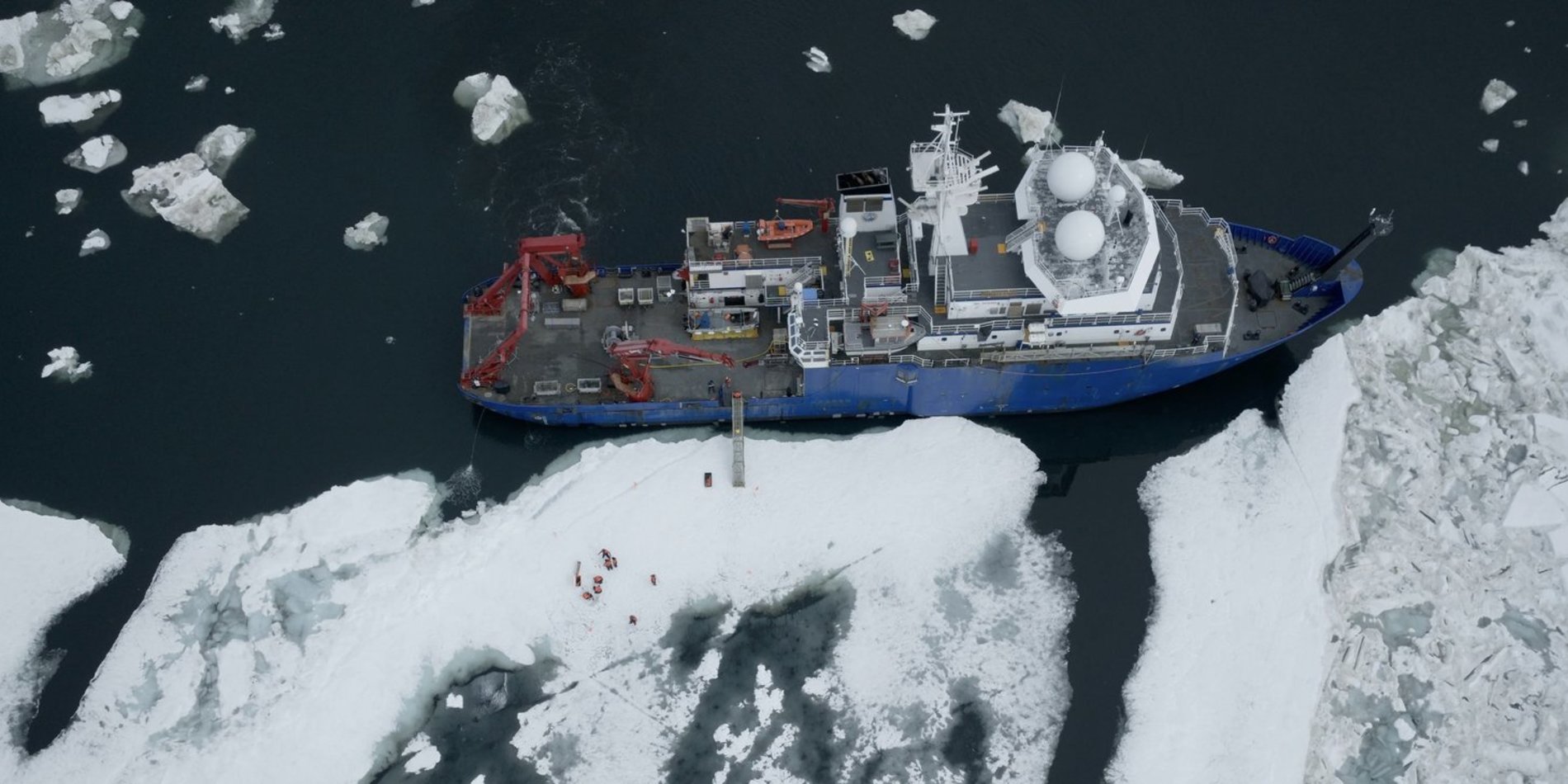 Aerial view of a research boat in the Arctic Sea