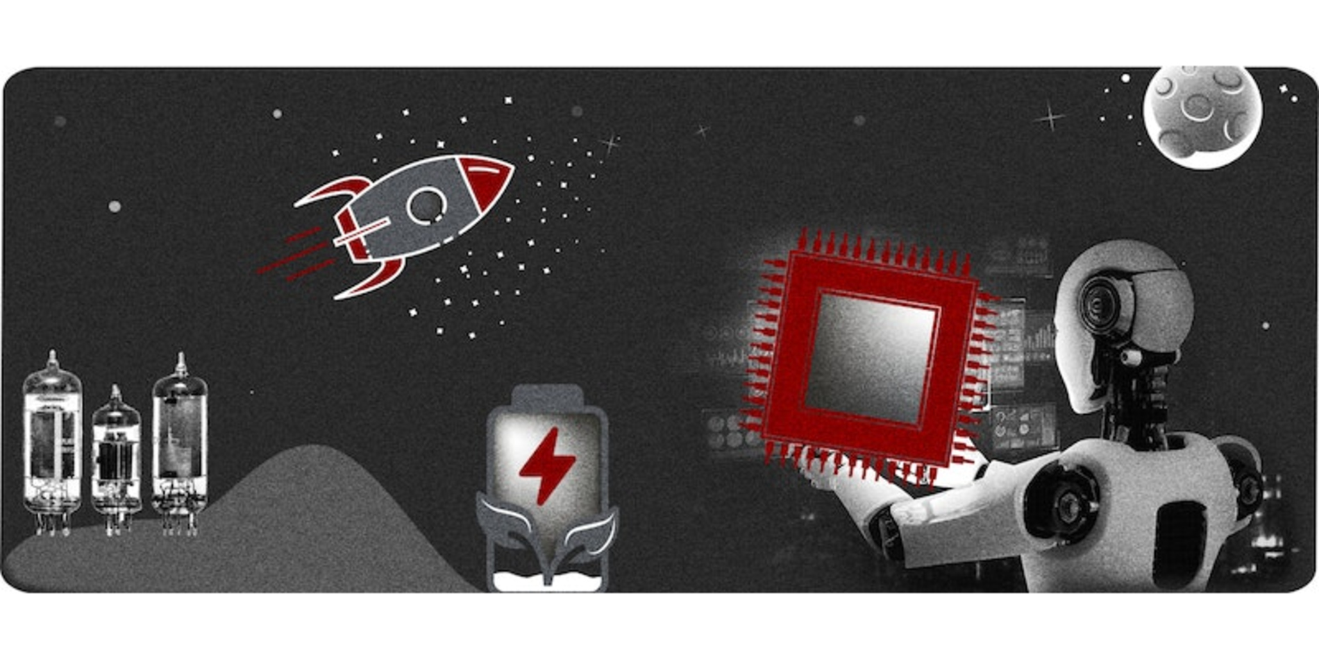 Illustration of a robot holding a semiconductor with a rocket, and a battery in the background.