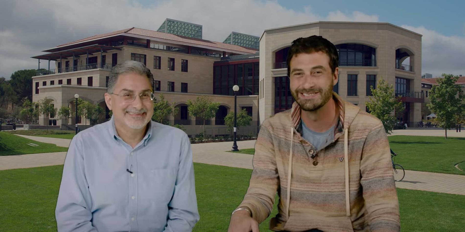 Stanford faculty, Mehran Sahami and Chris Piech smiling for the camera in front of a photo of the Huang Building on the Stanford Engineering Quad. 