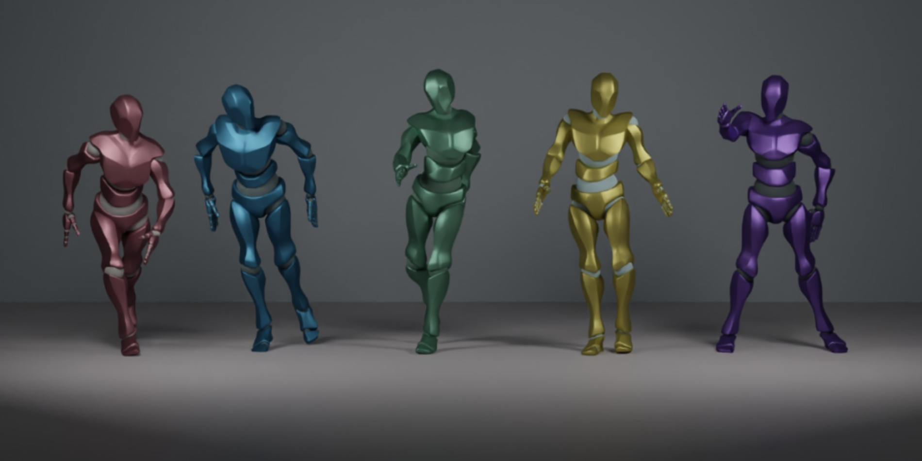 A still image of five robots, each enacting a part of a dance move.