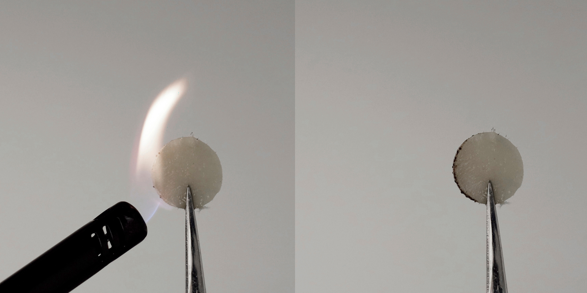 Side by side images of a battery material being exposed to flame and after exposure. 