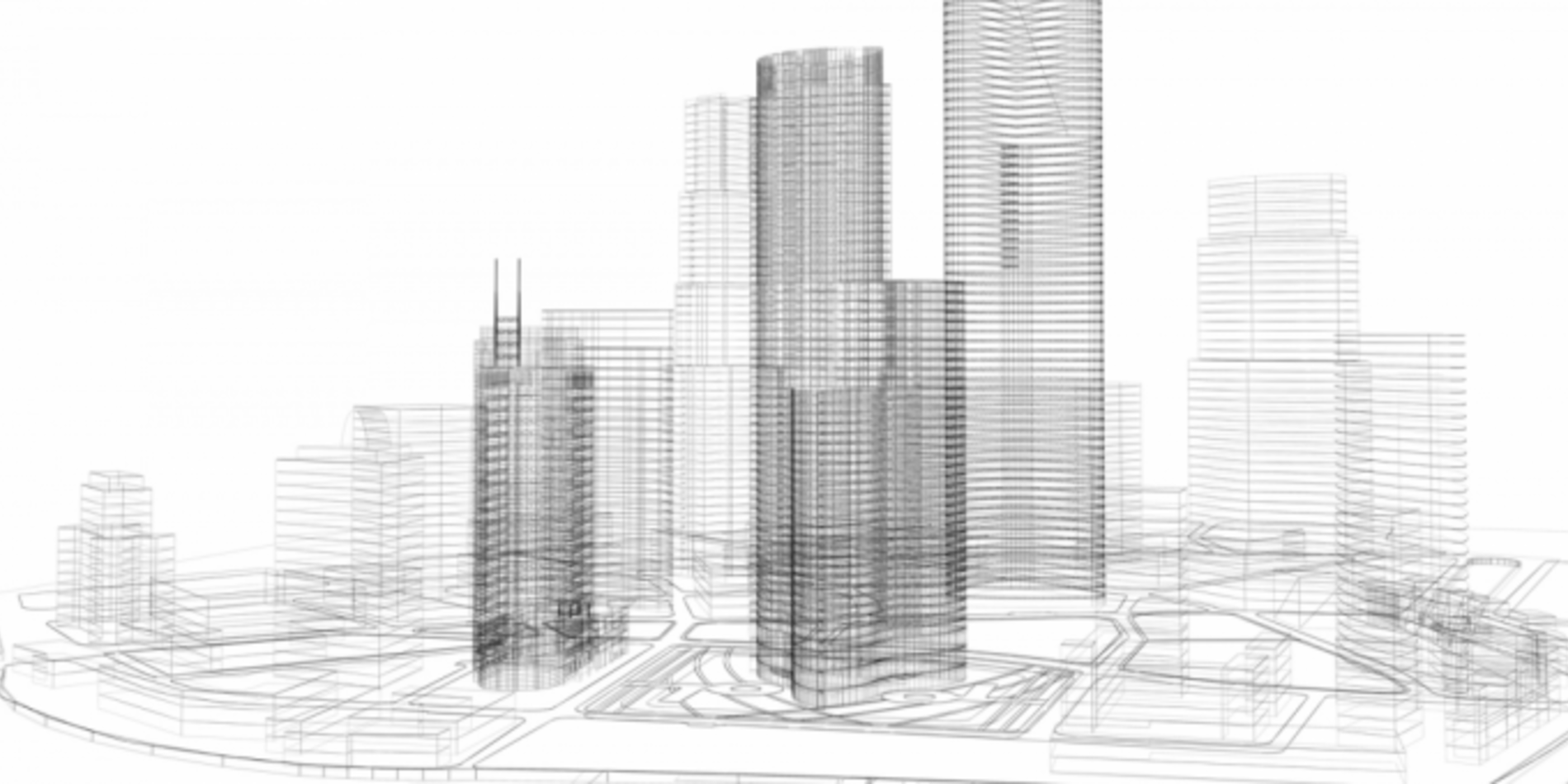 Black and white drawing of skyscrapers