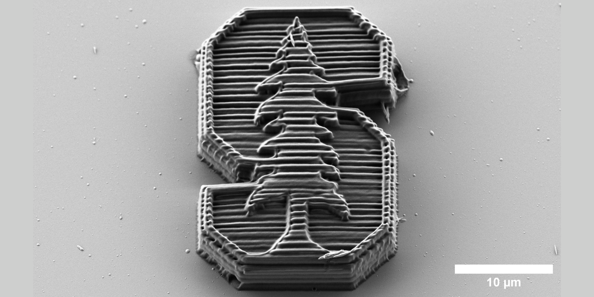 A black and white image of a tiny Stanford logo made using nanoscale 3D printing.