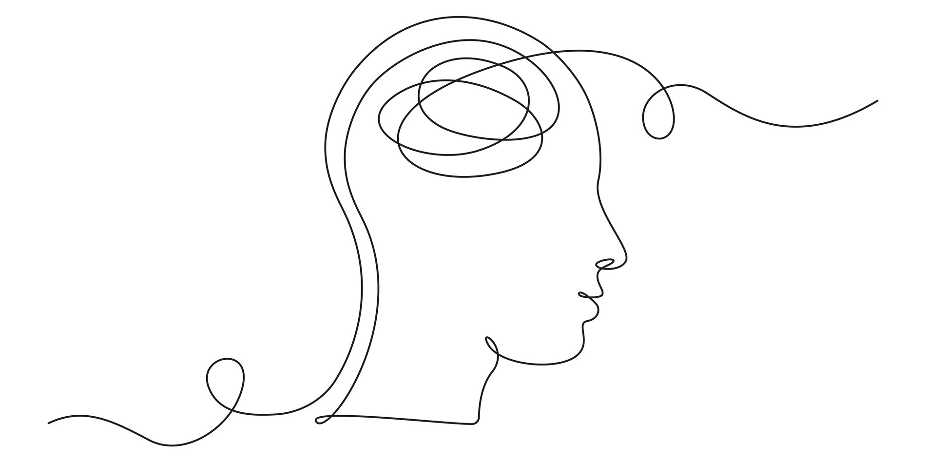 Continuous one line drawing of a human head and brain. 