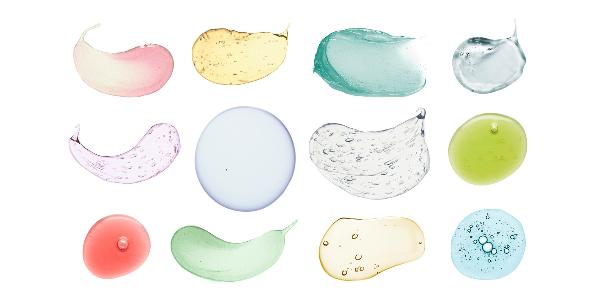 Image of of various cosmetic gels against a white background.