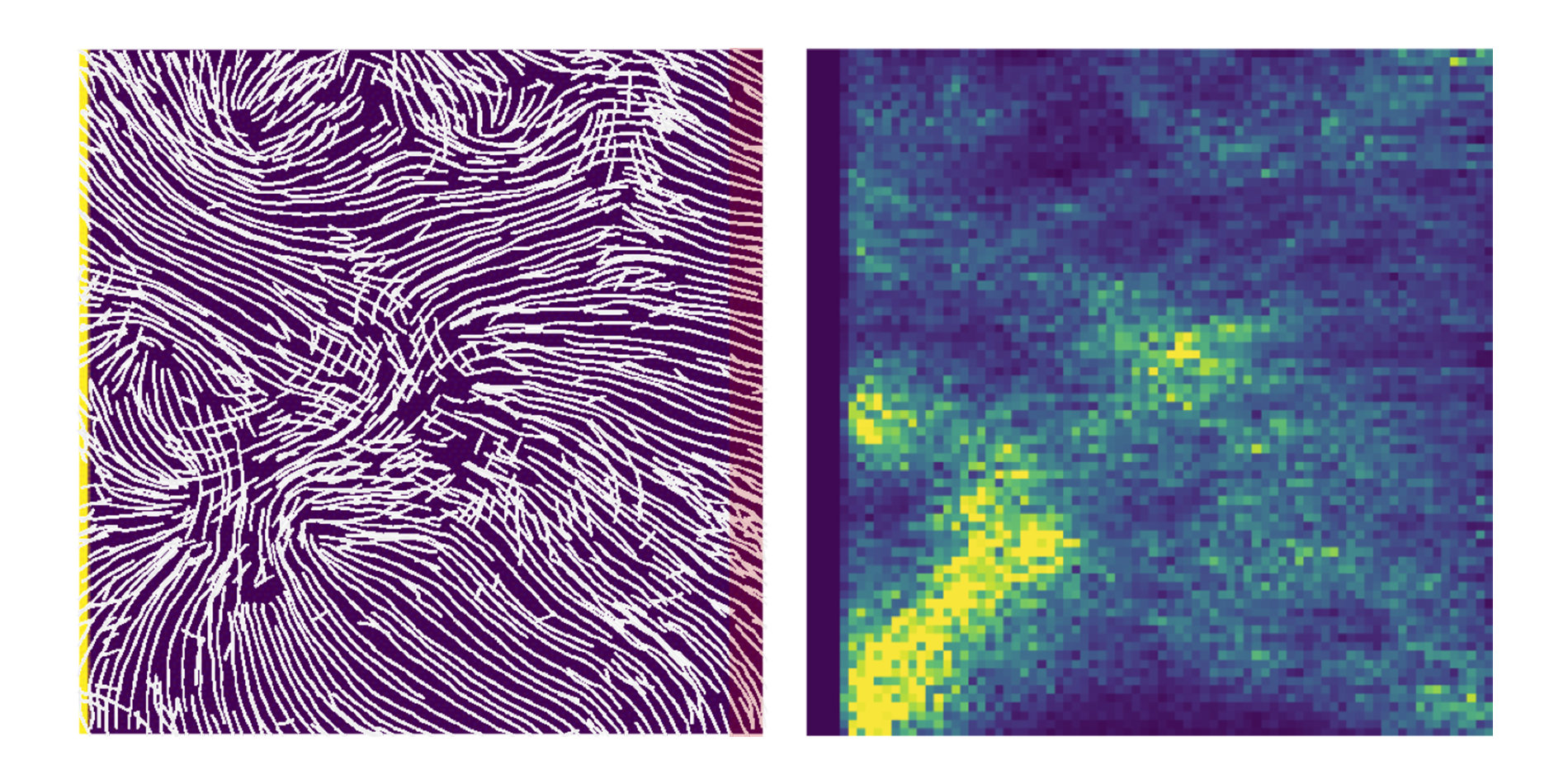 Image on left of white lines depicting electron diffraction data. Image on right shows groupings of color to indicate charge density.