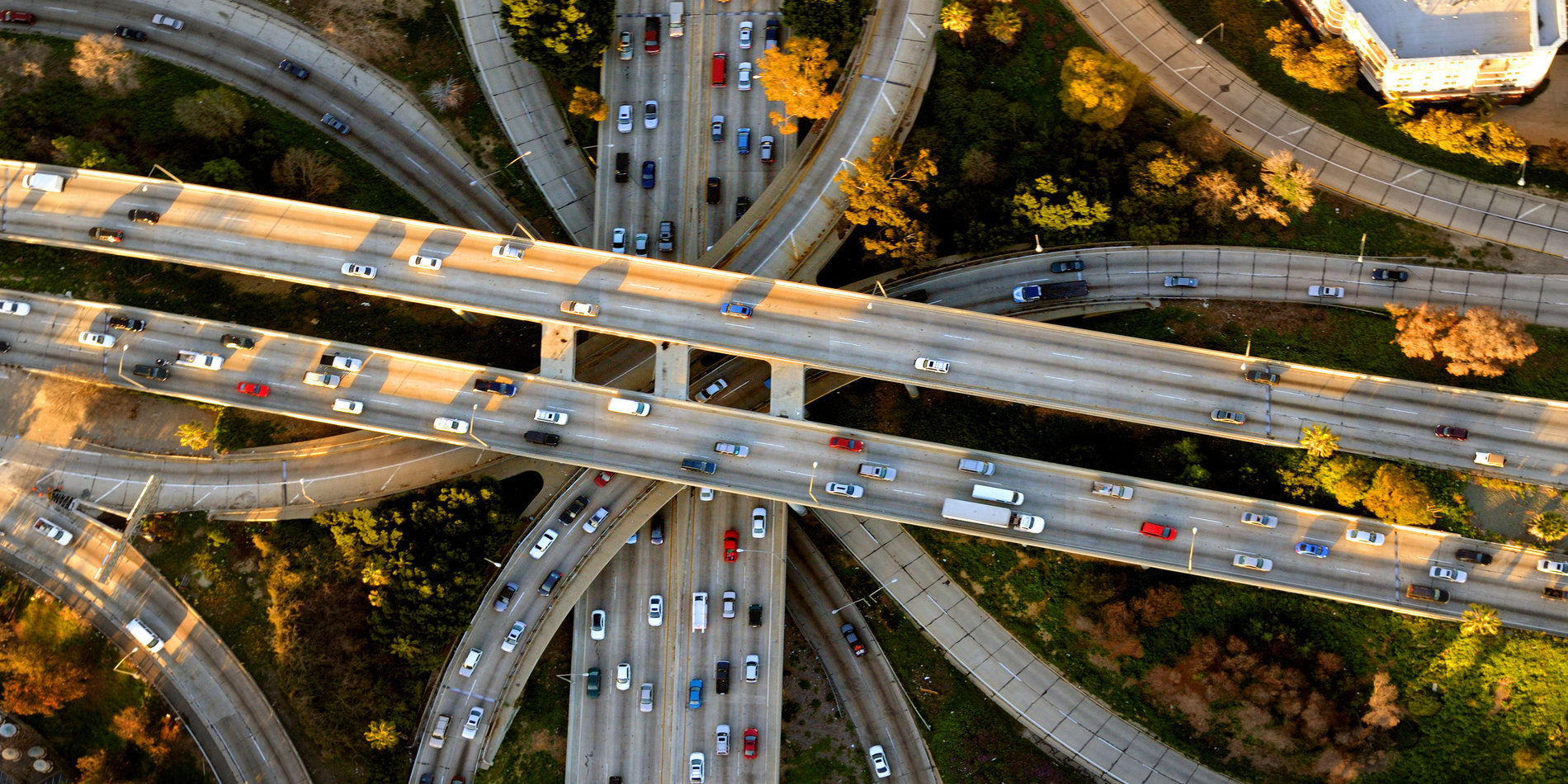 Aerial view of a Los Angeles freeway interchange.