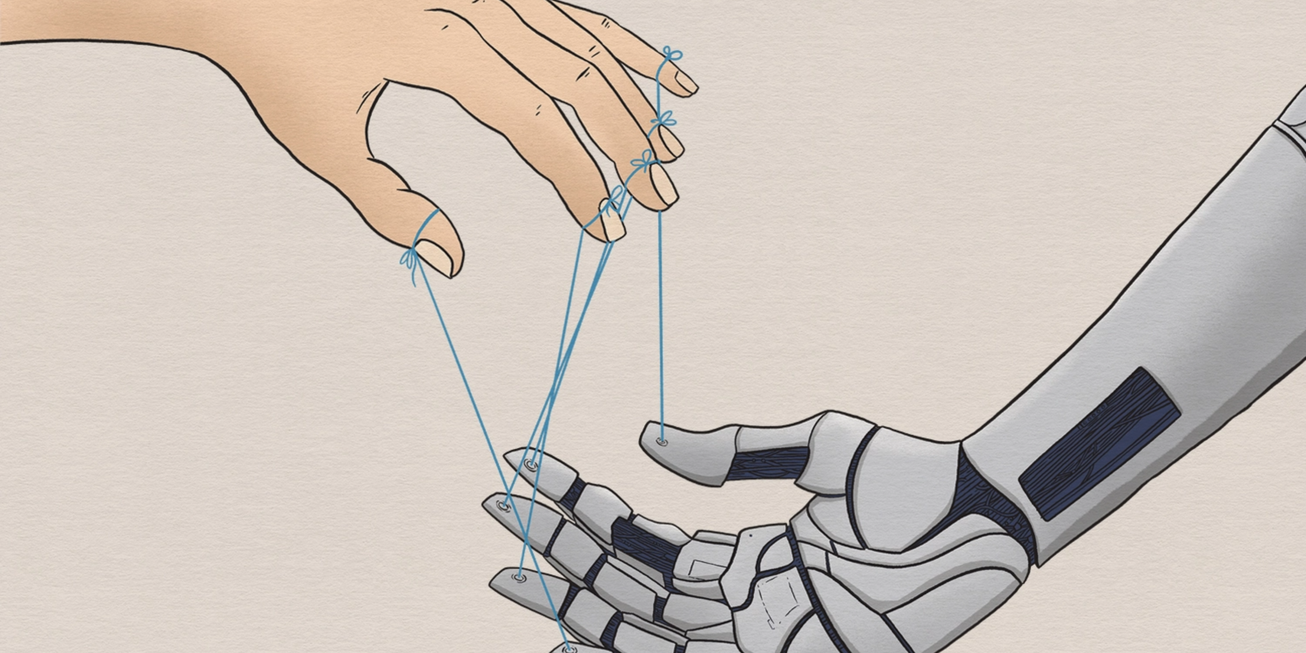 Human hand with robotic hand illustration.