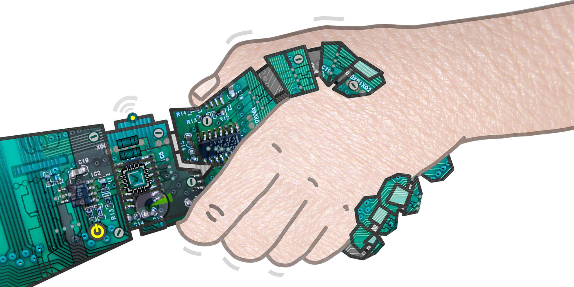Illustration of robot and human shaking hands.