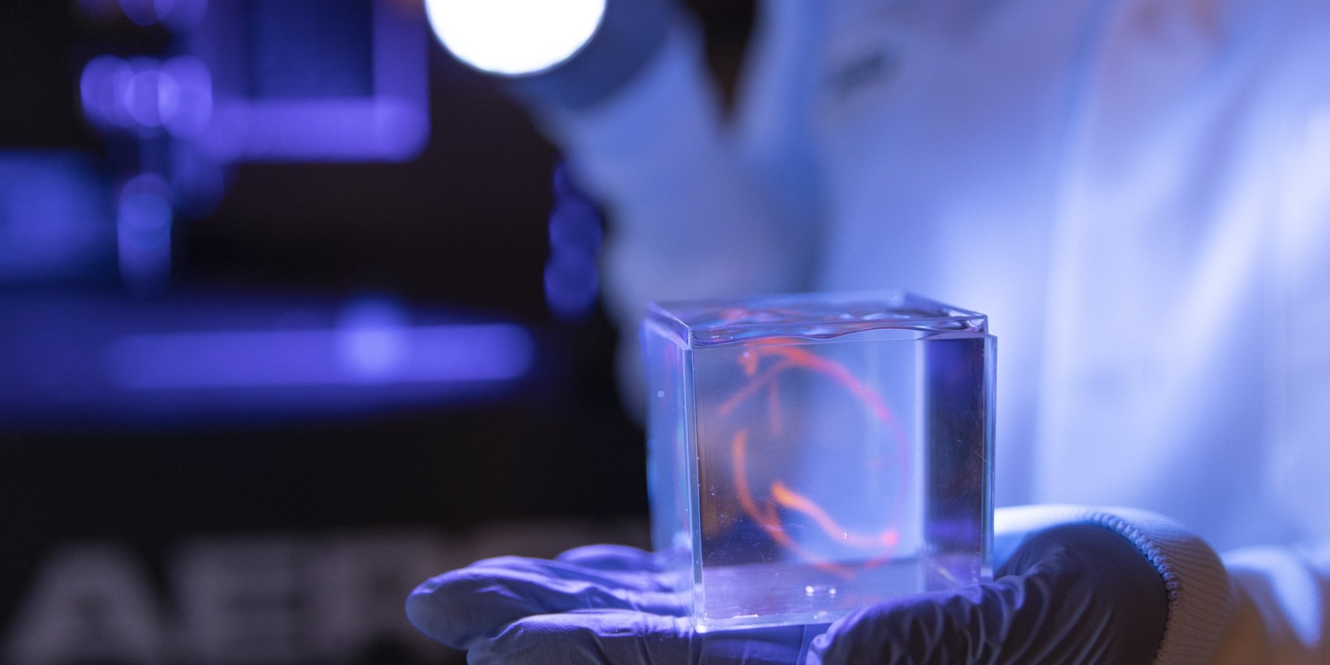 Gloved hand holding a transparent cube with a 3D printed heart inside.