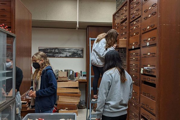 Four students in a storage room with files