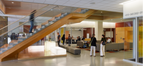 View from Huang lower level with stairs to Forbes Cafe