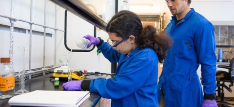 lab student with gloves looking at experiment