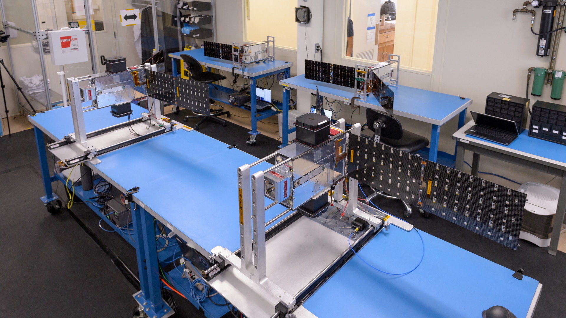 Spacecraft technology on a tabletop during integration and testing at NASA Ames.