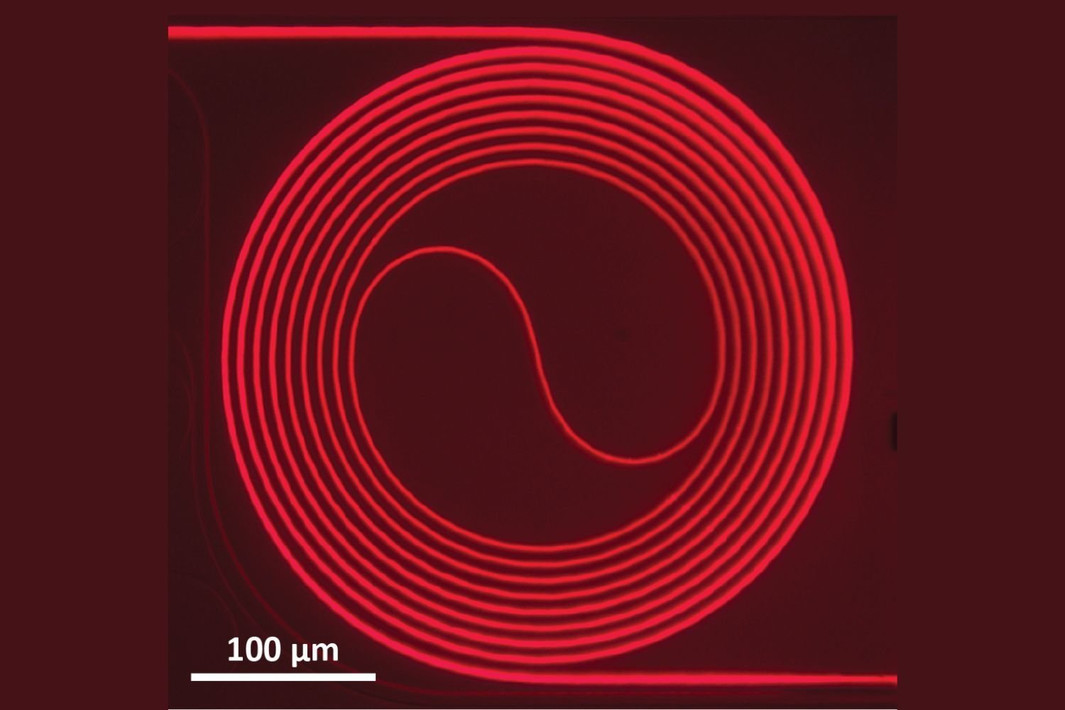 Optical image of the Ti:sapphire waveguide amplifier in red. 